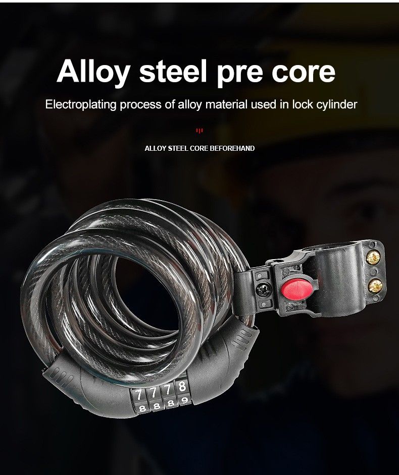 Bicycle lock anti theft 4-digit password combination thick steel cable alloy lock head