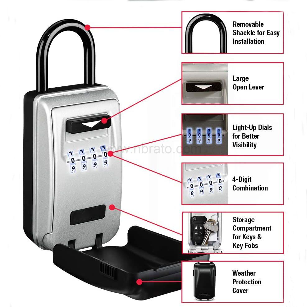 Portable anti theft Wall mounted key box with waterproof rain cover 4-digit code lock